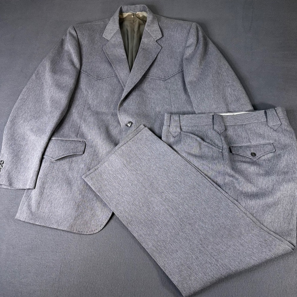 Pioneer Wear Vintage Mens Grey Western Suit 2 Piece Blazer Trousers USA Made 46